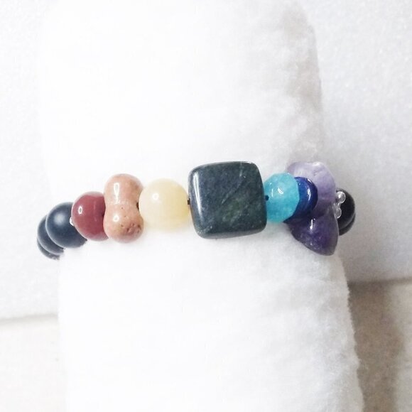 6.5" ~ Chakra Stretch Bracelet w. Jaspers, Unakite, Citrine, Agate, Shell +++ - Picture 2 of 8